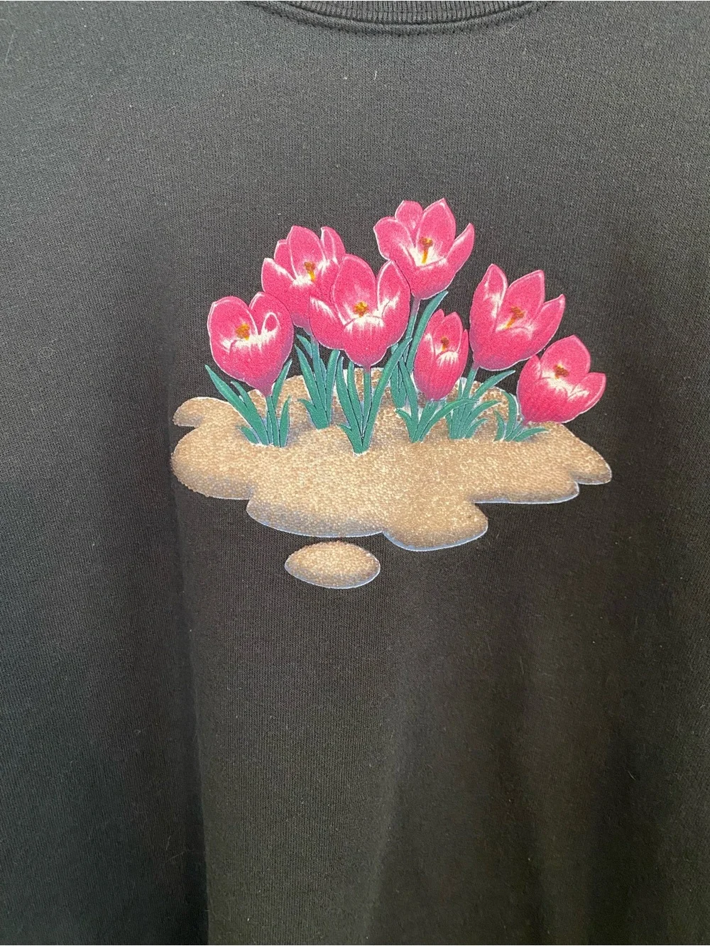Black Crewneck Sweater with Pink Tulip Motif